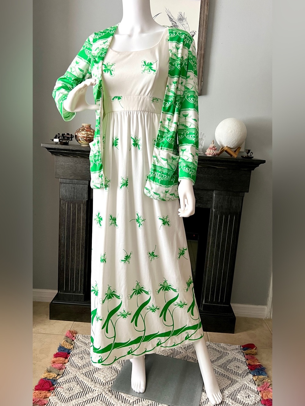 Vintage 70s Cirette Art Deco Nouveau Jacket Empire Dress Set Green Floral Small
